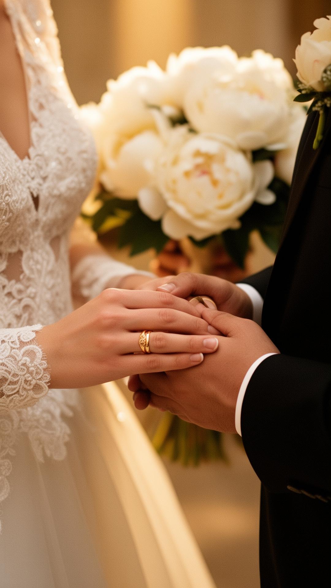 Bride and groom holding hands with a gold wedding ring, in front of a bouquet of white peonies.