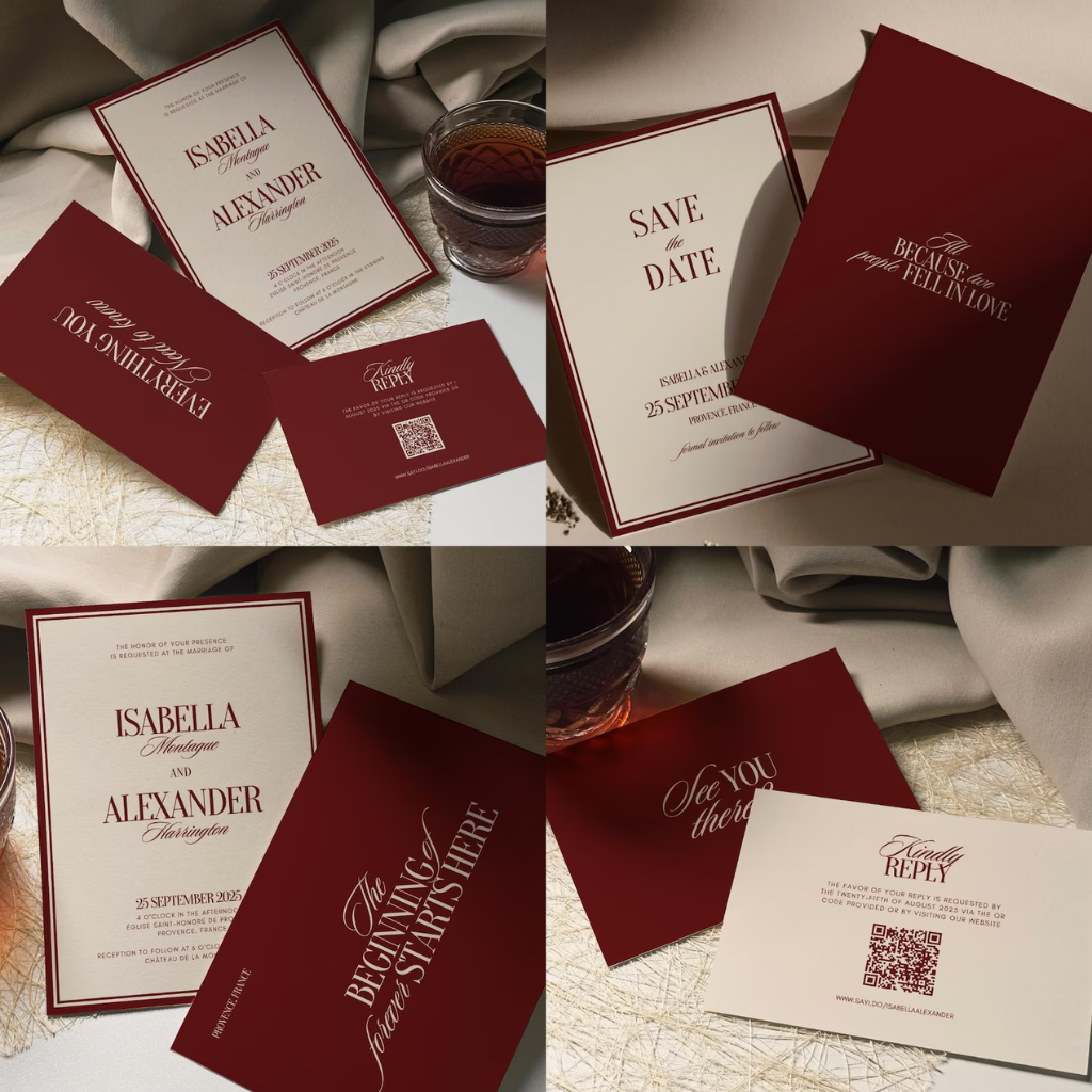 An elegant burgundy and ivory wedding invitation suite — save-the-date, main invitation, RSVP card and details — styled on soft draped linen.