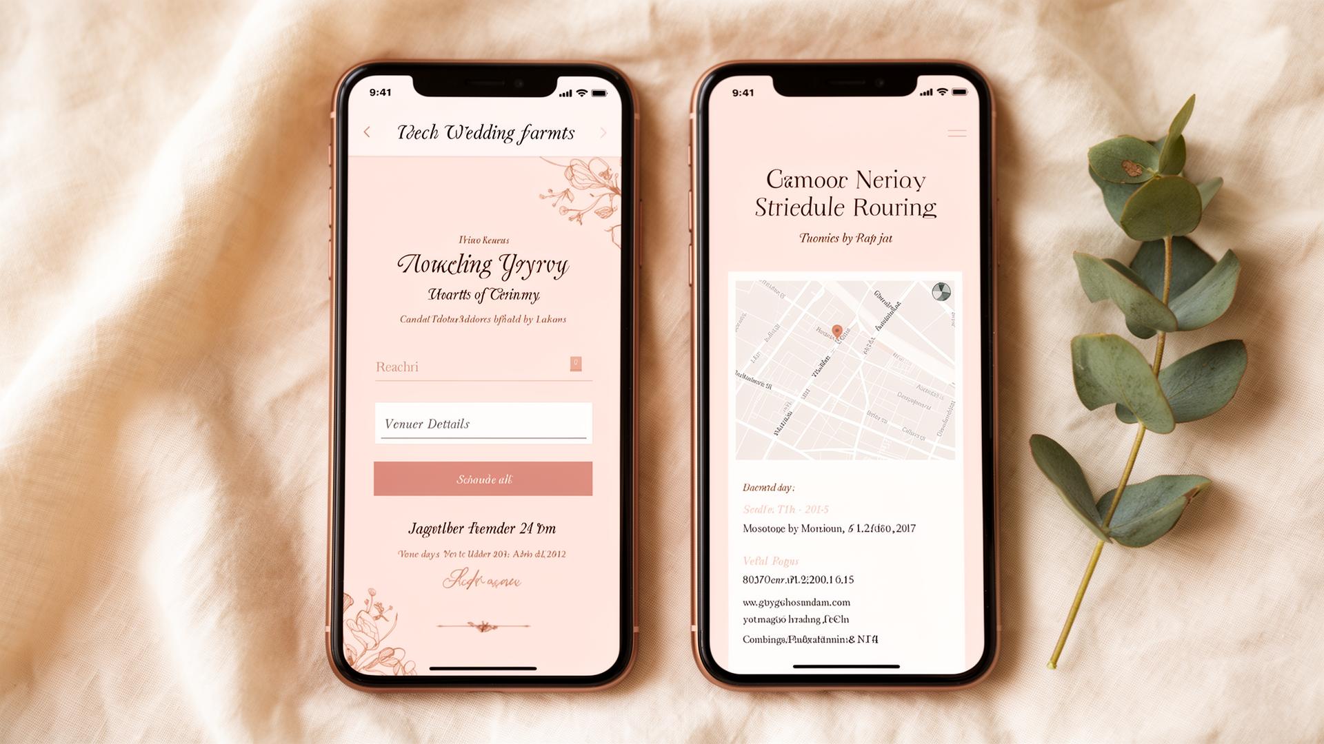 Two phones showing screens of a digital wedding invitation website — RSVP form and venue schedule — in soft blush tones.